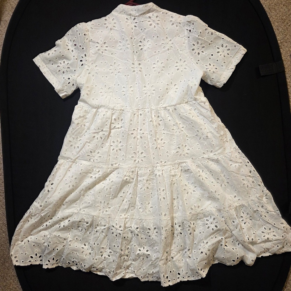 Unbranded White Eyelet Lace Tiered Babydoll Dress V-Neck Short Sleeve Boho Mini - Picture 6 of 8